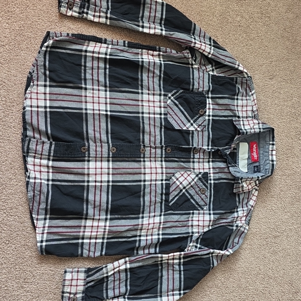 Vintage 90s Wrangler Red Black White Plaid Mens L, Blank White Name Tag.